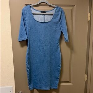 iris Blue Denim-Style Midi Scoop Neck Dress
